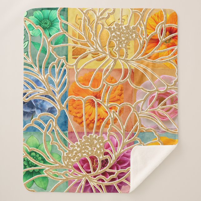 Cobertor Sherpa Mosaico Floral Dourado (Frente)