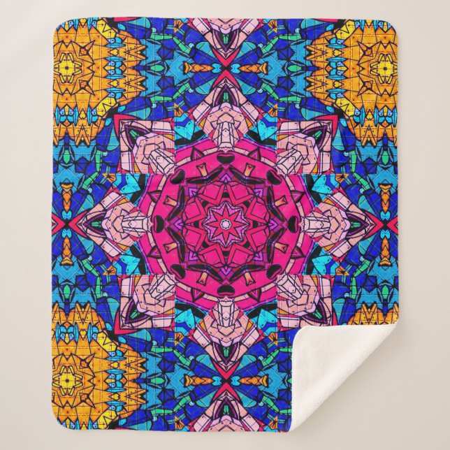 Cobertor Sherpa Mosaico Rosa Mandala Floral Psicélico Retro (Frente)