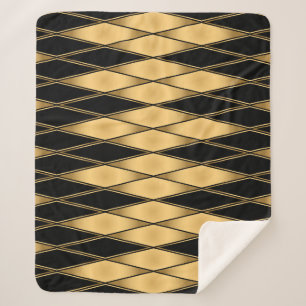 Cobertor Sherpa Motif de diamante: padrão elegante preto-dourado.
