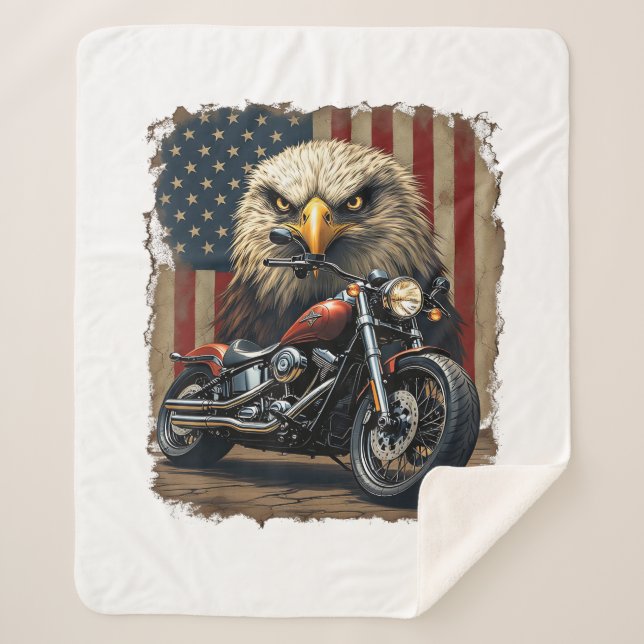 Cobertor Sherpa Motorcycle USA Flag Retro Biker Chopper (Frente)