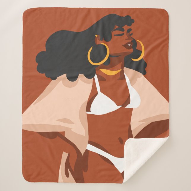 Cobertor Sherpa Mulher Negra, Bikini Branco, Pronta para Praia, Ca (Frente)