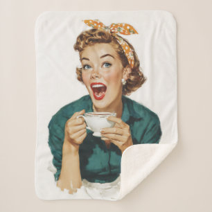 Cobertor Sherpa Mulher Retro Alegre Disfrutando Café