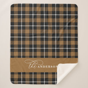 Cobertor Sherpa Mustard check tartan script personalizado família 