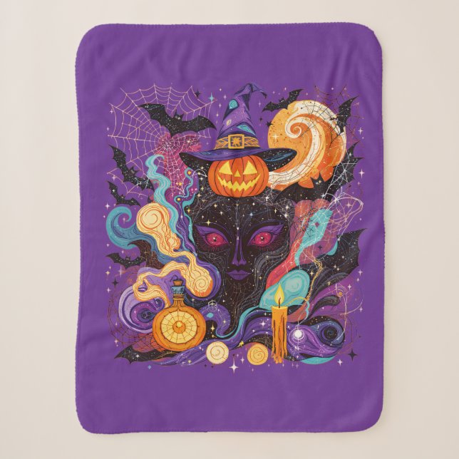 Cobertor Sherpa Mystical Halloween Witch Face (Frente)