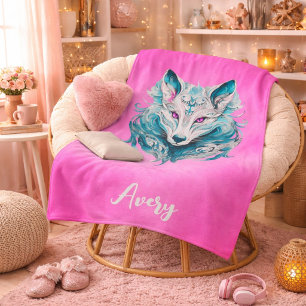 Cobertor Sherpa Mystical Wolf   Turquesa Elegante e Lobo Rosa