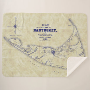 Cobertor Sherpa Nantucket Island MÃE Vintage Map Distress Marinho