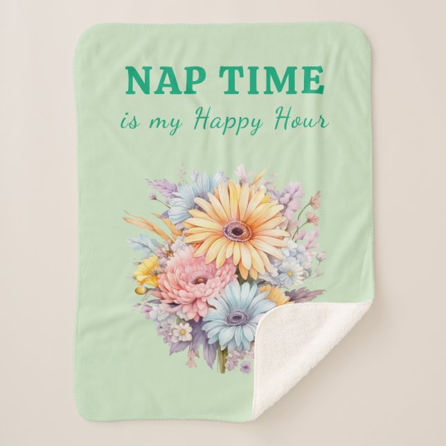 Cobertor Sherpa Nap time happy hour flowers green (Frente)