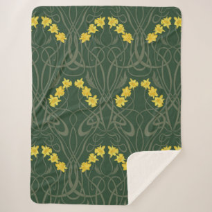 Cobertor Sherpa Narcisos Amarelos Art Nouveau e Caules Verde