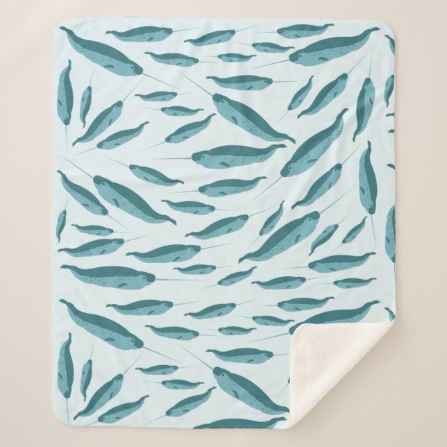 Cobertor Sherpa Narwhal no Padrão do Oceano Azul (Frente)