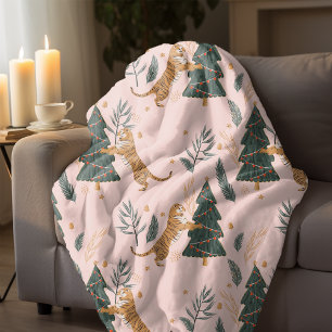 Cobertor Sherpa "Natais vintages Tigre com Pink de Árvore de Natal