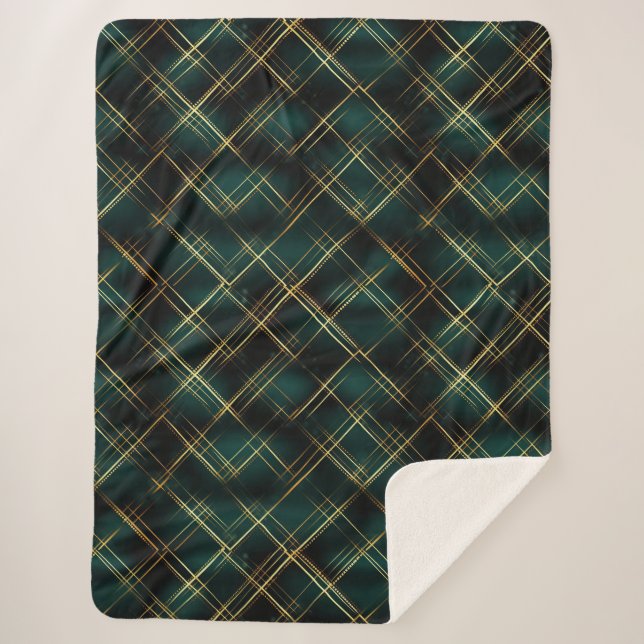 Cobertor Sherpa Natal da Xadrez de Tartan Verde Dourado e Escuro (Frente)