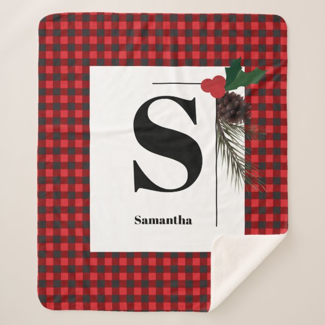 Cobertor Sherpa Natal de Xadrez de Monograma (Frente)