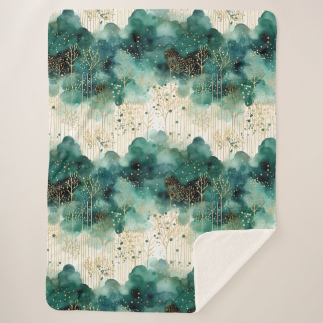 Cobertor Sherpa Natal Dourado Verde das Árvores Brancas (Frente)