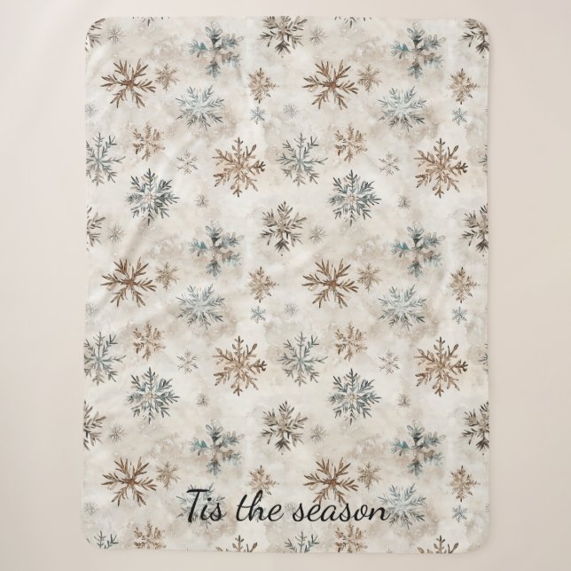 Cobertor Sherpa Natal Flocos de Neve Azul Marrom Creme (Frente)
