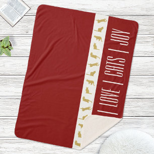 Cobertor Sherpa Natal Gato Vermelho Branco Dourado Moderno