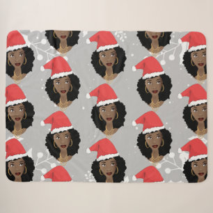 Cobertor Sherpa Natal Santa Hat, Mulher Negra, Cinza