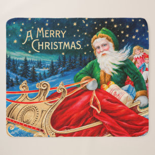 Cobertor Sherpa Natal Vintage Verde Trenó do Papai Noel Noite Estr