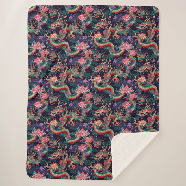 Cobertor Sherpa Neon Dragon e Flowers (Frente)