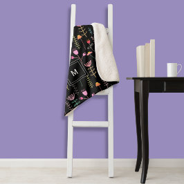 Cobertor Sherpa Néon Flores selvagens a preto, monograma