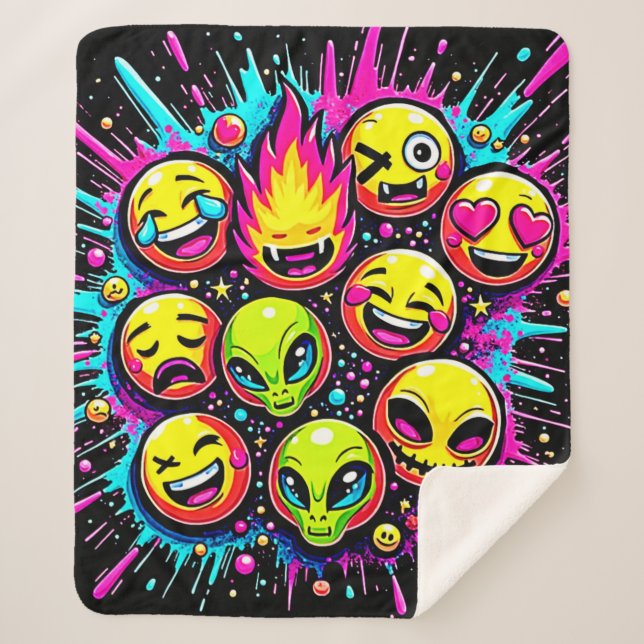 Cobertor Sherpa Neon Funky Emoji Mix (Frente)