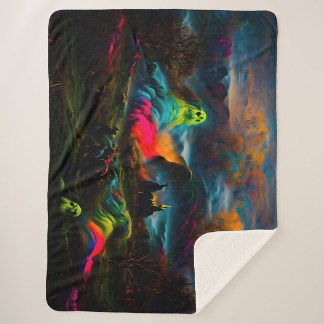 Cobertor Sherpa Neon Ghosts em uma paisagem fantasia assombrada (Frente)
