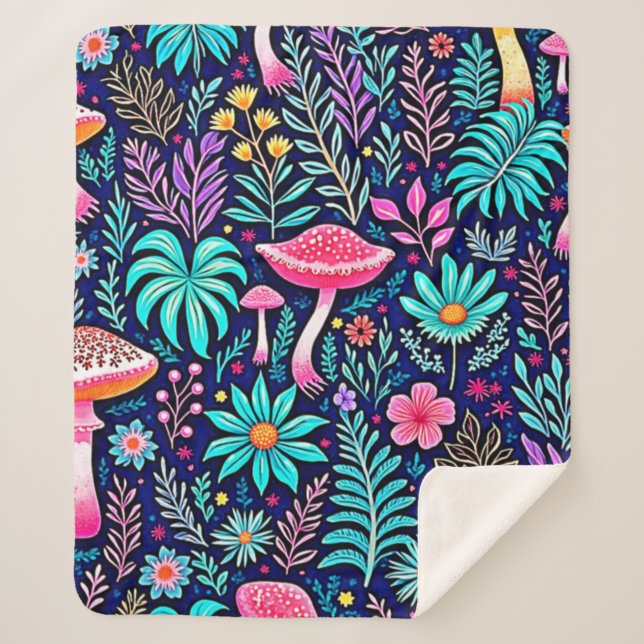 Cobertor Sherpa Neon Psychedelic Mushroom Forest Dream (Frente)