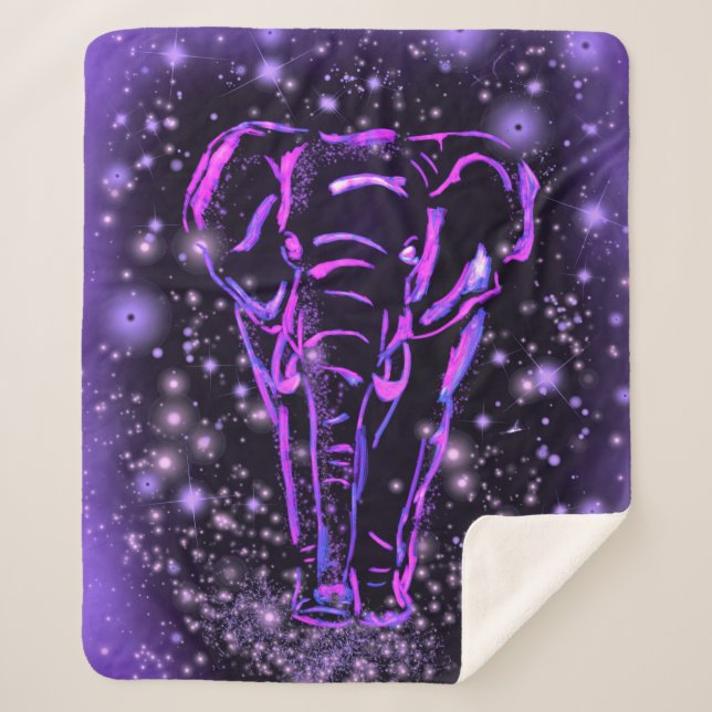 Cobertor Sherpa Neon Purple Elephant Andando À Noite Estrelada (Frente)
