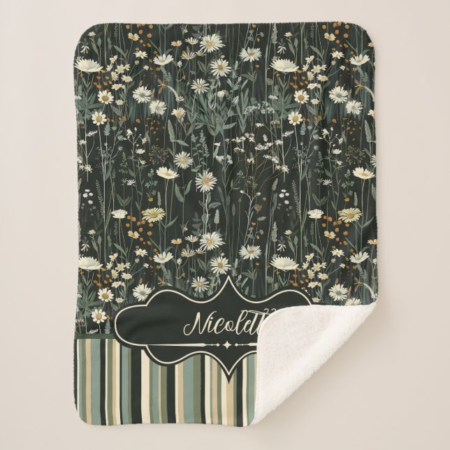Cobertor Sherpa Nicolette Dark Daisy Floral Striped (Frente)