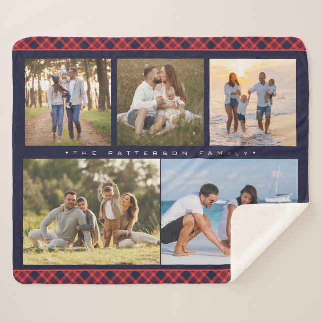 Cobertor Sherpa Nome da Família 5 Foto Colagem Vermelha Xadrez Mod (Frente (Horizontal))