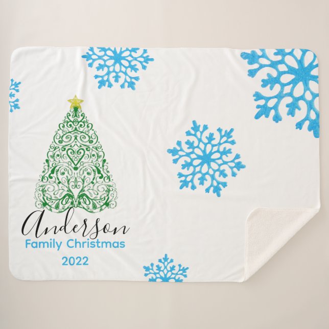 Cobertor Sherpa Nome da família árvore de natal moderna e neve bri (Frente (Horizontal))