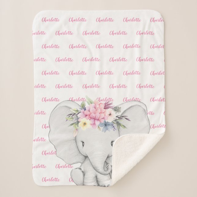 Cobertor Sherpa Nome da garota personalizada rosa elefante floral (Frente)