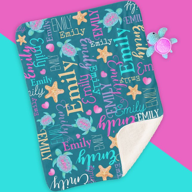 Cobertor Sherpa Nome da tartaruga-do-mar padrão rosa-púrpura (Criador carregado)