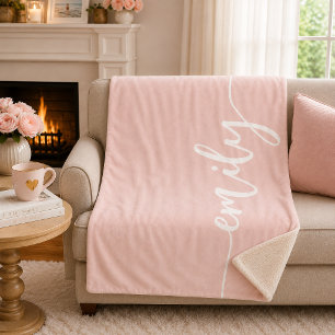 Cobertor Sherpa Nome de Caligrafia Rosa Bege Branco Personalizado