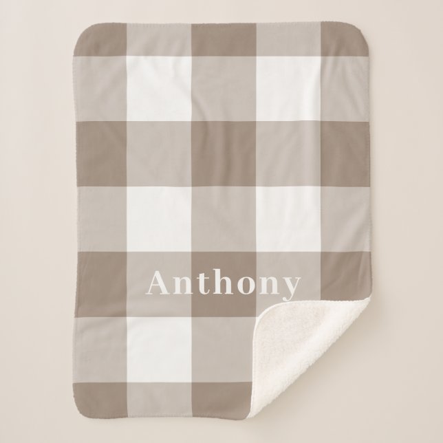 Cobertor Sherpa Nome do Monograma do Padrão de Taupe Gingham Moder (Frente)