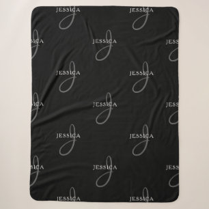 Cobertor Sherpa Nome Elegante & Monograma Preto, Branco & Cinza