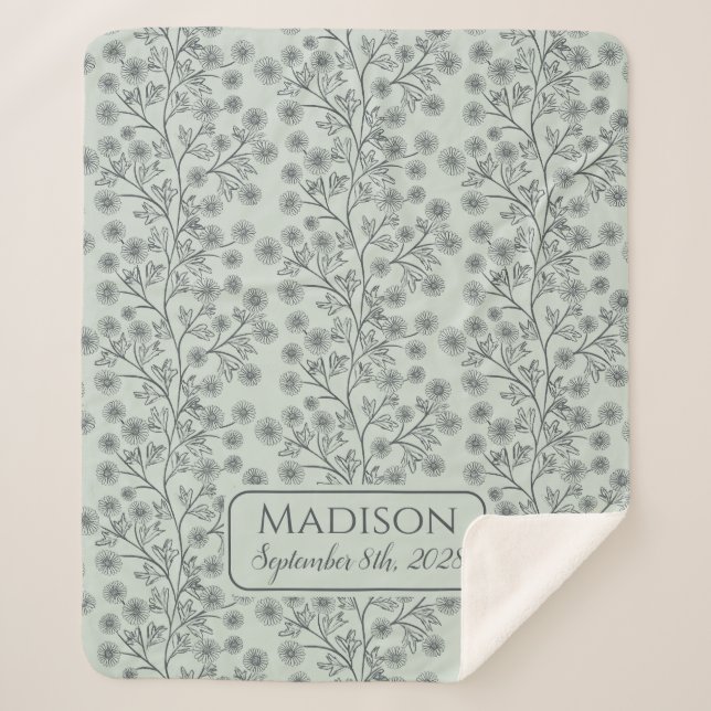 Cobertor Sherpa Nome Floral do Reboque Data de Nascimento Bebê Ver (Frente)