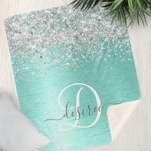 Cobertor Sherpa Nome Monograma em Glitter Prateado e Metal Teal