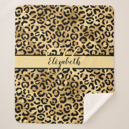Cobertor Sherpa Nome Monograma Preto Dourado Estampa de Leopardo C