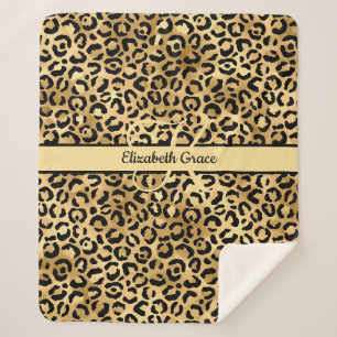 Cobertor Sherpa Nome Monograma Preto Dourado Estampa Leopardo Guep
