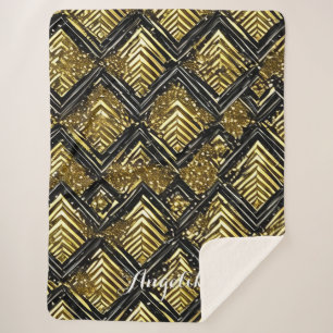 Cobertor Sherpa Nome Personalizado Chevron Dourado e Preto