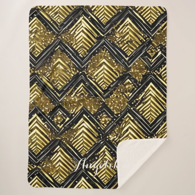 Cobertor Sherpa Nome Personalizado Chevron Dourado e Preto (Frente)