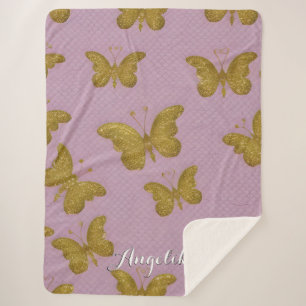 Cobertor Sherpa Nome Personalizado de Borboletas Douradas