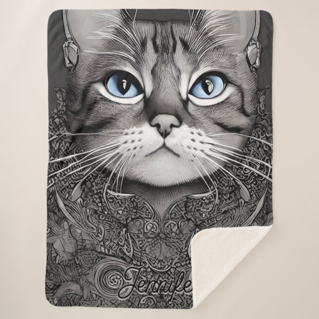 Cobertor Sherpa Nome Personalizado de Gato de Ornamentado Preto e  (Frente)