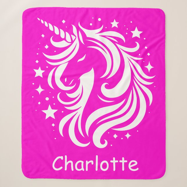 Cobertor Sherpa Nome Personalizado do Unicorn Fuchsia (Frente)