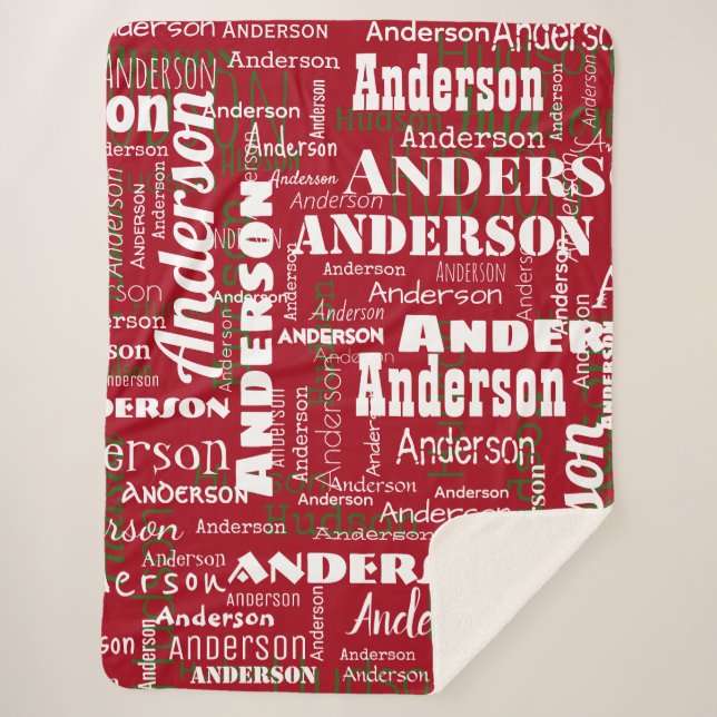 Cobertor Sherpa Nome Repetitivo de Natal Vermelho Branco Verde (Frente)