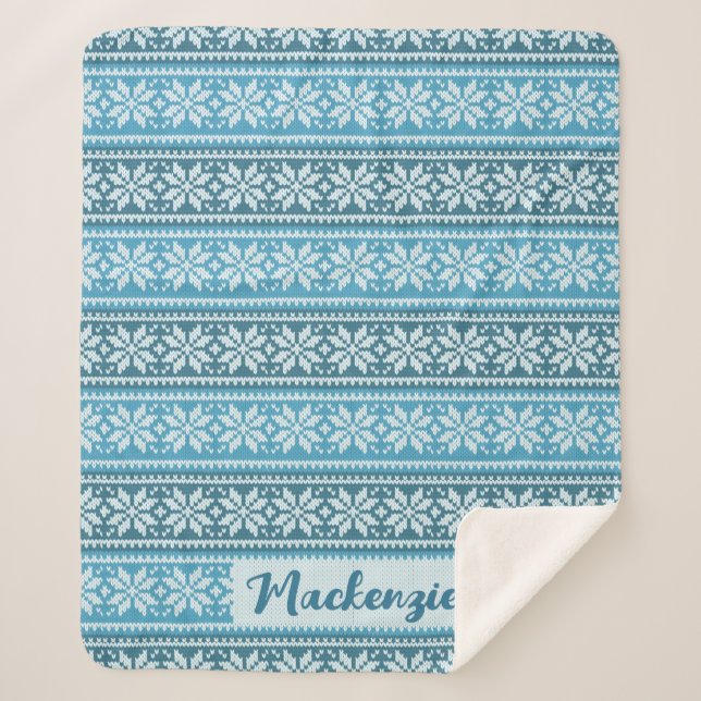 Cobertor Sherpa Nórdico Blue Snowflake Knit Sweater Personalizado (Frente)