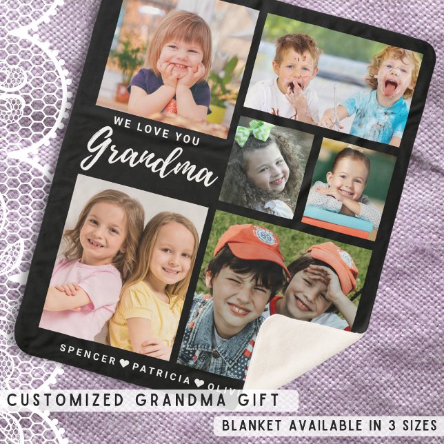 Cobertor Sherpa Nós Te Amo Netos 6 Fotografia Colagem (We Love You Grandma Grandkids 6 Photo Collage Sherpa Blanket-Grandma Gift)