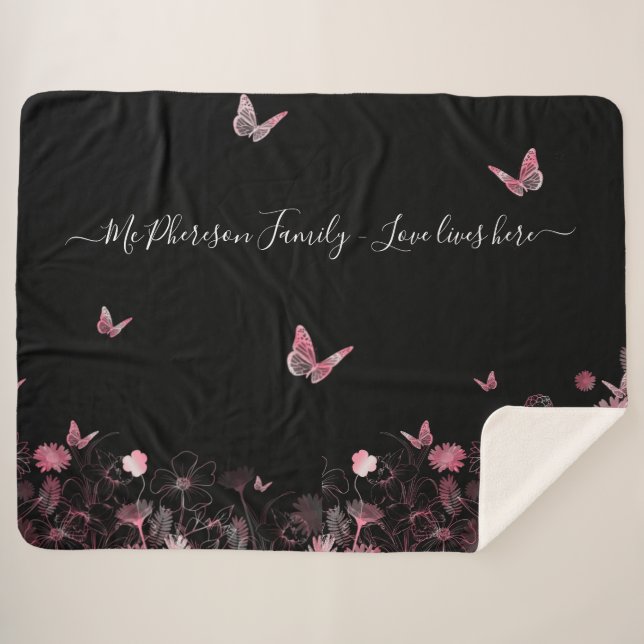 Cobertor Sherpa O amor vive aqui Campo Flor com borboletas (Frente (Horizontal))