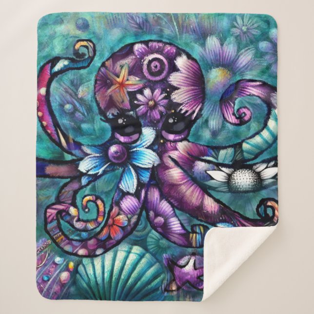 Cobertor Sherpa Octopus Floral Teal Roxo Azul Costeira (Frente)