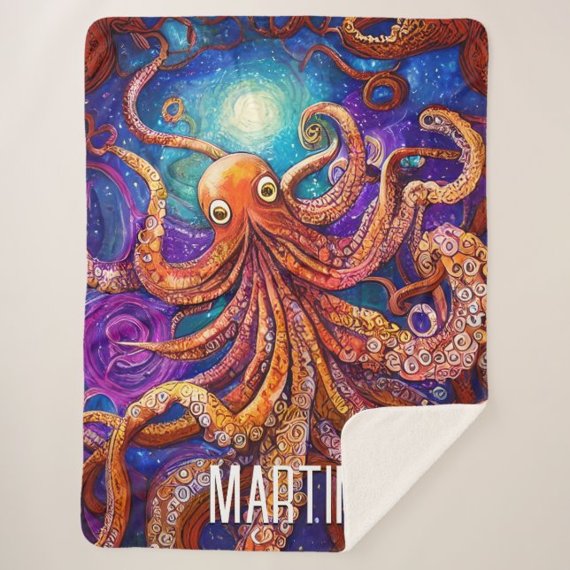 Cobertor Sherpa Octopus Laranja | Lua cheia com nome personalizado (Frente)